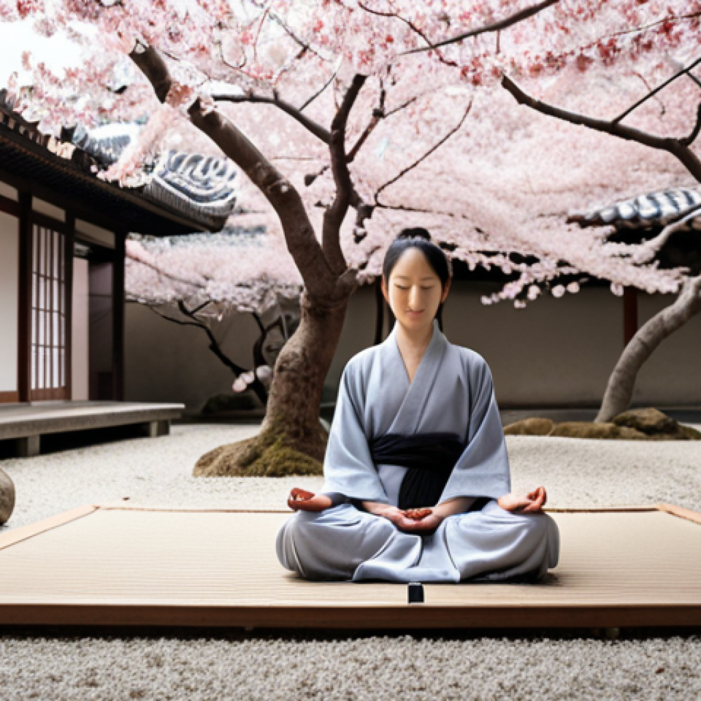 **

A serene Zen garden with cherry blossoms falling. A person is meditating peacefully in the center, symbolizing acceptance of change and impermanence (諸行無常). Soft, natural lighting. Emphasis on tranquility and mindfulness.
**