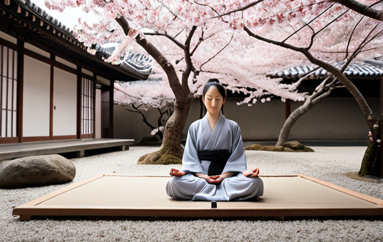**

A serene Zen garden with cherry blossoms falling. A person is meditating peacefully in the center, symbolizing acceptance of change and impermanence (諸行無常). Soft, natural lighting. Emphasis on tranquility and mindfulness.
**