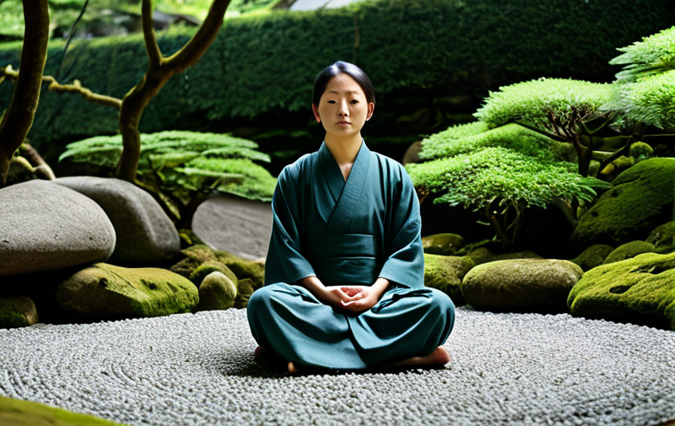 A calm individual in modest, loose-fitting attire, seated in a natural, peaceful meditation pose. The setting is a serene Japanese Zen garden with smooth raked gravel and a few carefully placed rocks, surrounded by lush green moss and a gentle breeze. Soft, diffused natural light illuminates the scene, creating a tranquil atmosphere. The person's expression is one of deep inner peace and contemplation. fully clothed, appropriate attire, safe for work, perfect anatomy, correct proportions, natural pose, well-formed hands, proper finger count, natural body proportions, professional photography, high quality, family-friendly.
