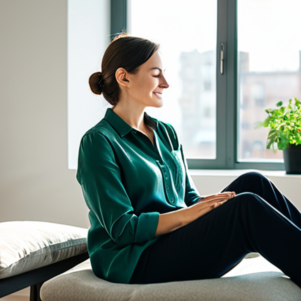 A calm and contemplative professional woman in a modest, elegant business casual outfit. She is seated in a natural, relaxed pose on a simple cushion, eyes gently closed, a soft smile on her face, in a clean, minimalist modern living space. Sunlight streams through a large window, illuminating dust motes in the air, with a blurred cityscape visible outside, symbolizing the busy world beyond her inner peace. A small, tasteful green plant is nearby. high-resolution, professional photography, soft ambient lighting, perfect anatomy, correct proportions, well-formed hands, proper finger count, natural body proportions, safe for work, appropriate content, fully clothed, professional, modest, family-friendly.