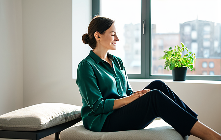 A calm and contemplative professional woman in a modest, elegant business casual outfit. She is seated in a natural, relaxed pose on a simple cushion, eyes gently closed, a soft smile on her face, in a clean, minimalist modern living space. Sunlight streams through a large window, illuminating dust motes in the air, with a blurred cityscape visible outside, symbolizing the busy world beyond her inner peace. A small, tasteful green plant is nearby. high-resolution, professional photography, soft ambient lighting, perfect anatomy, correct proportions, well-formed hands, proper finger count, natural body proportions, safe for work, appropriate content, fully clothed, professional, modest, family-friendly.