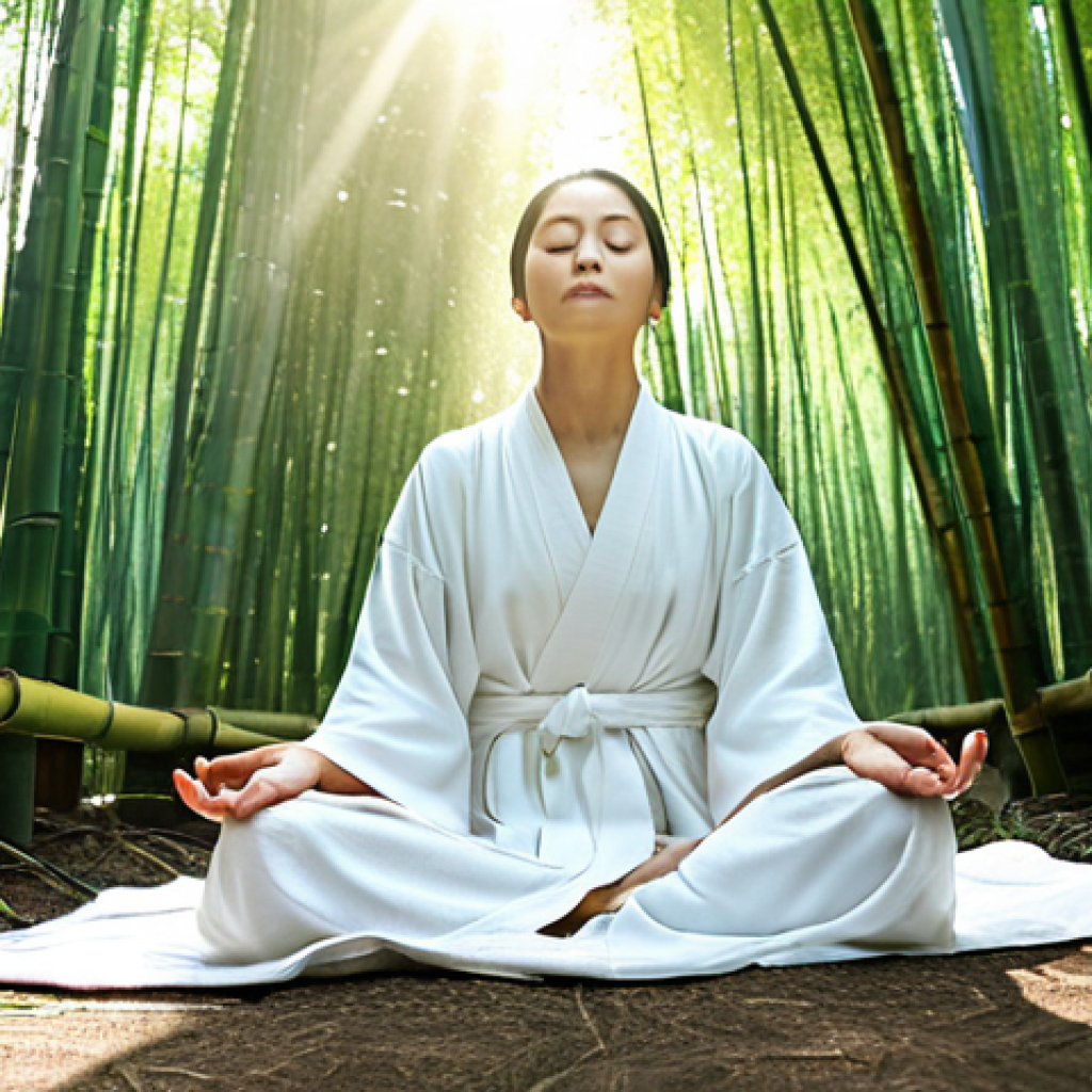 불교에서의 평화 - Serene Meditator in Nature**
"A mindful woman meditating peacefully in a lush bamboo forest, fully ...