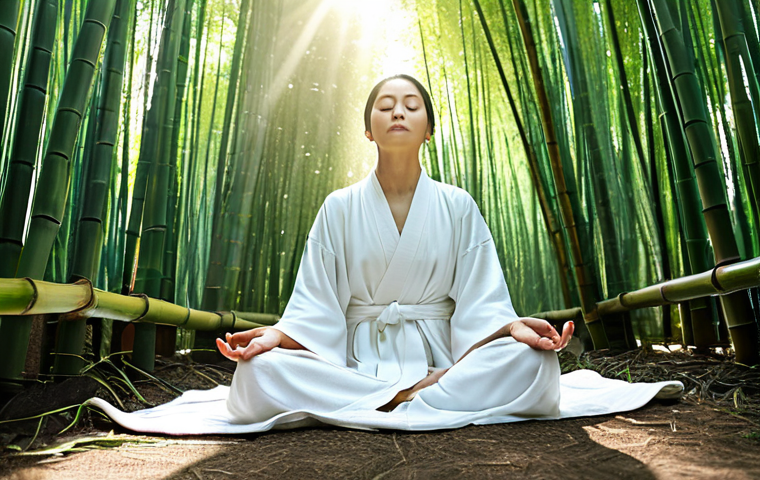 불교에서의 평화 - Serene Meditator in Nature**

"A mindful woman meditating peacefully in a lush bamboo forest, fully ...