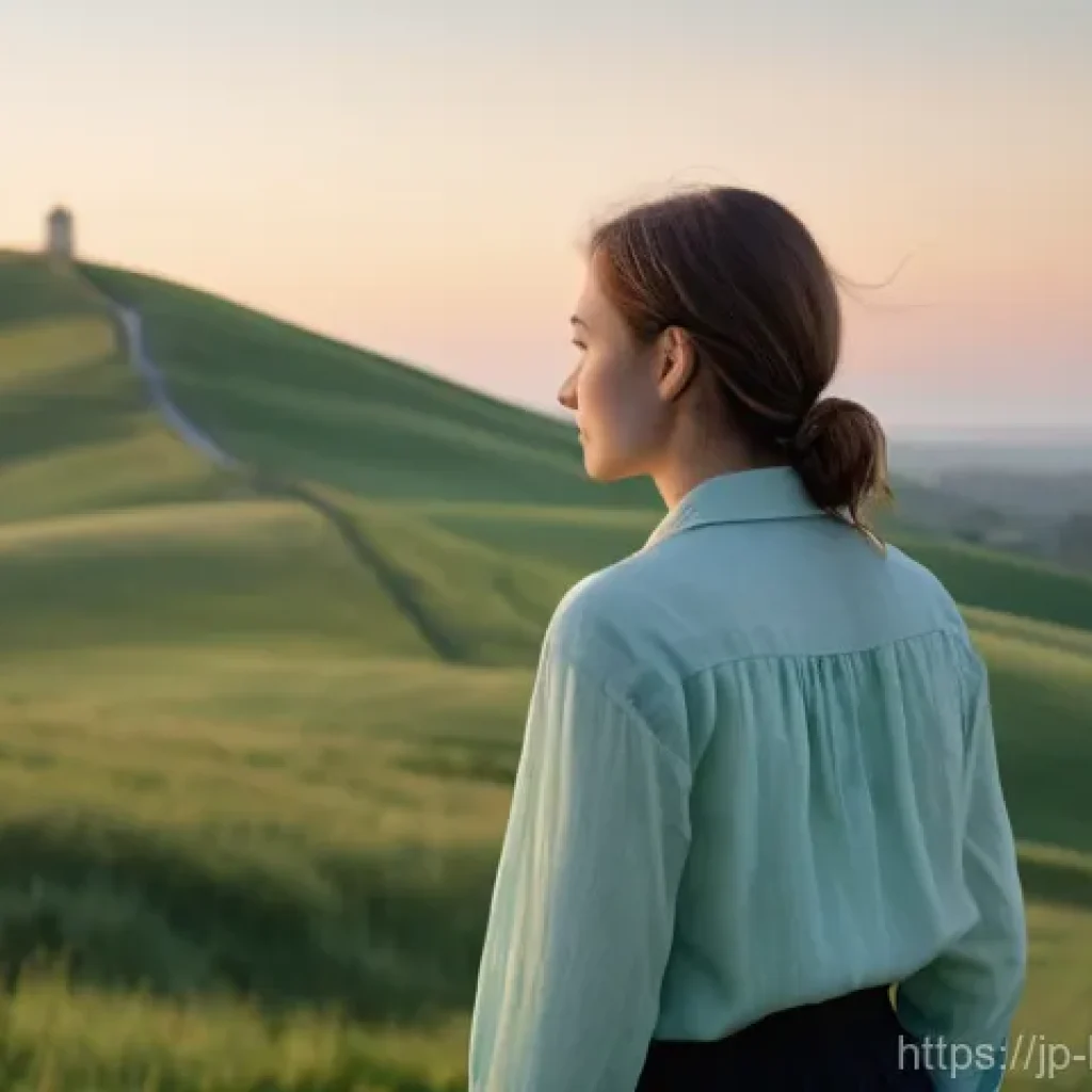불교에서의 영적 자유 - **Prompt:** A young woman, appearing to be in her mid-20s, stands on a gentle, sun-drenched hill at ...