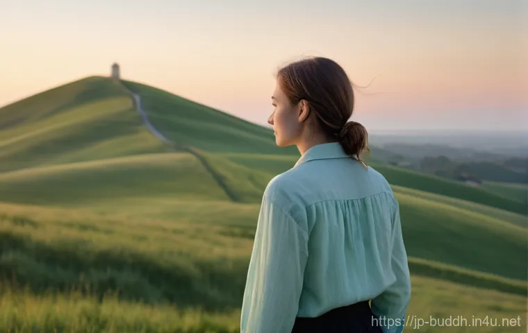 불교에서의 영적 자유 - **Prompt:** A young woman, appearing to be in her mid-20s, stands on a gentle, sun-drenched hill at ...