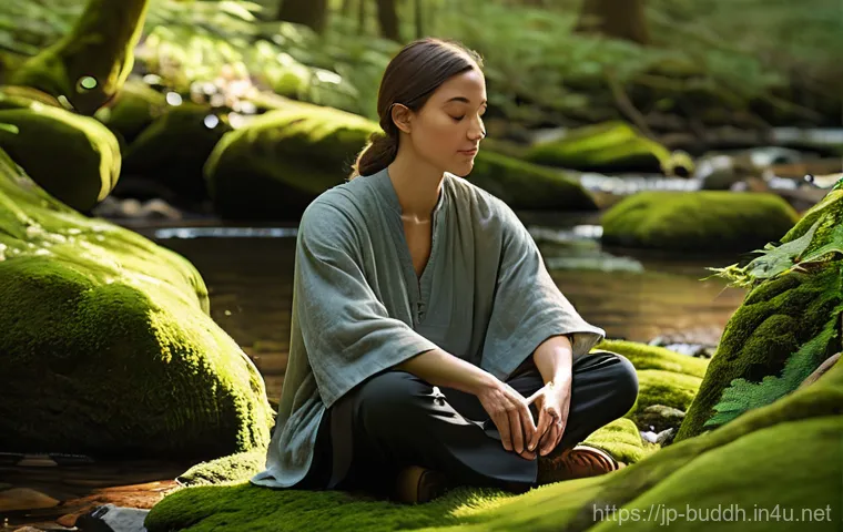 불교와 인간의 내면 - **Prompt for "Digital Detox and Mindfulness in Nature":**
    A serene, gender-neutral person in the...