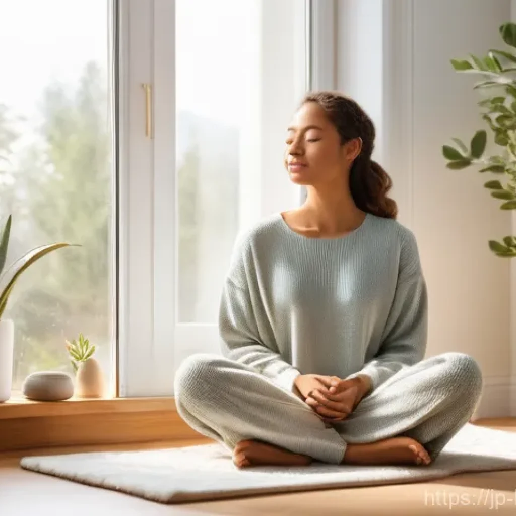 불교에서의 자비의 개념 - **Prompt: A serene woman practices self-compassion in a warmly lit, minimalist room. She is seated c...