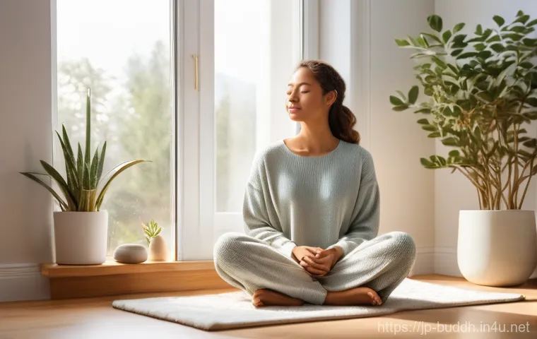 불교에서의 자비의 개념 - **Prompt: A serene woman practices self-compassion in a warmly lit, minimalist room. She is seated c...