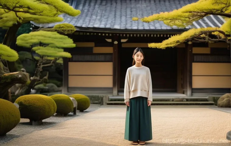 불교에서의 전생 - **A Serene Moment of Familiarity:** A young Japanese woman in her late 20s, with a thoughtful, gentl...
