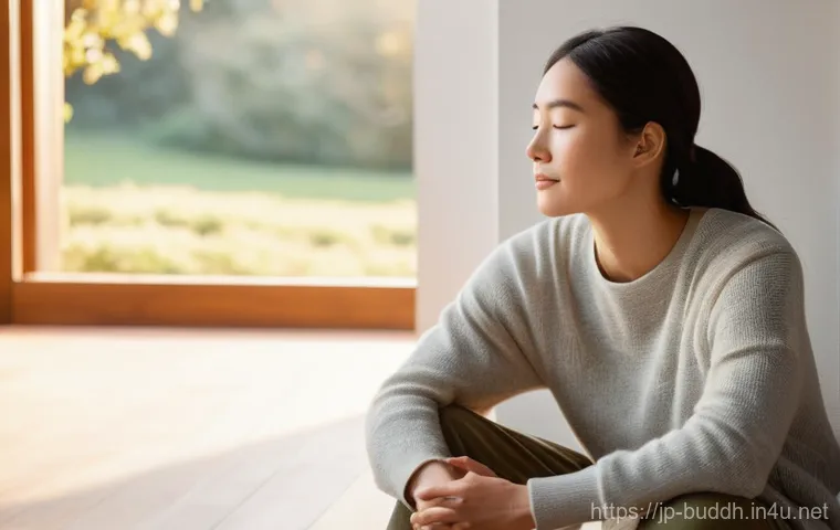 불교에서의 타인 존중 - **Prompt for "Self-reflection and Inner Peace"**:
    A serene, gender-neutral adult, possibly in th...