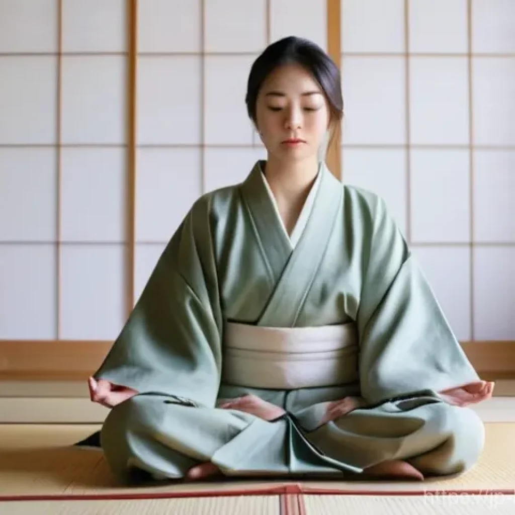 불교에서의 경전 연구 - **Prompt:** A serene young woman, perhaps in her late 20s to early 30s, sits cross-legged on a tradi...