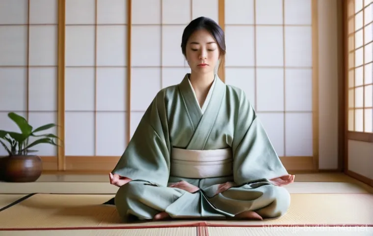불교에서의 경전 연구 - **Prompt:** A serene young woman, perhaps in her late 20s to early 30s, sits cross-legged on a tradi...