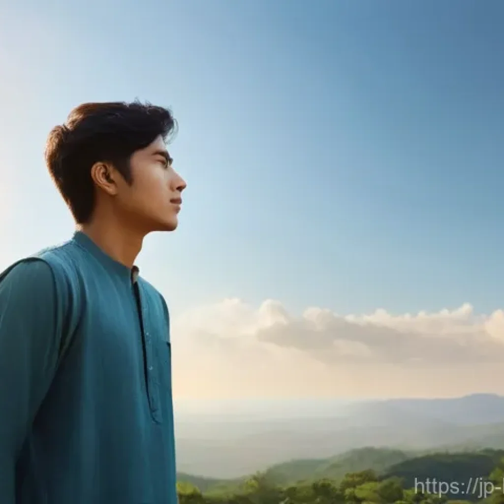 팔정도와 삶의 방향 - **Prompt:** A serene young adult, gender-neutral, stands on a sun-drenched hilltop, gazing at a vast...