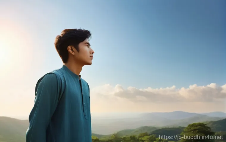 팔정도와 삶의 방향 - **Prompt:** A serene young adult, gender-neutral, stands on a sun-drenched hilltop, gazing at a vast...