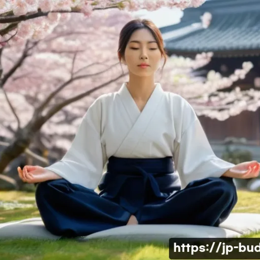 불교의 본질 탐구 - **Prompt:** A serene Japanese garden scene in Kyoto at sunrise. A young woman in her early 20s, wear...