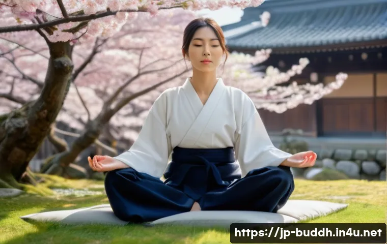 불교의 본질 탐구 - **Prompt:** A serene Japanese garden scene in Kyoto at sunrise. A young woman in her early 20s, wear...