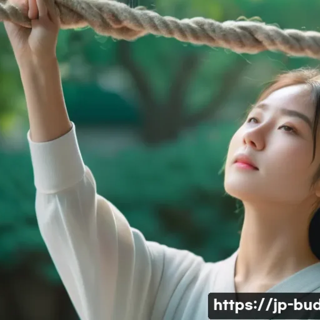 불교에서의 인간 관계학 - **Prompt:** A serene young adult, dressed in comfortable, soft-colored clothing, stands in a gently ...