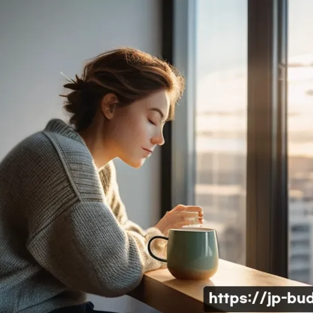 불교의 수행 방법 - **Prompt:** A young adult, male or female, in their late 20s to early 30s, sitting peacefully in a s...
