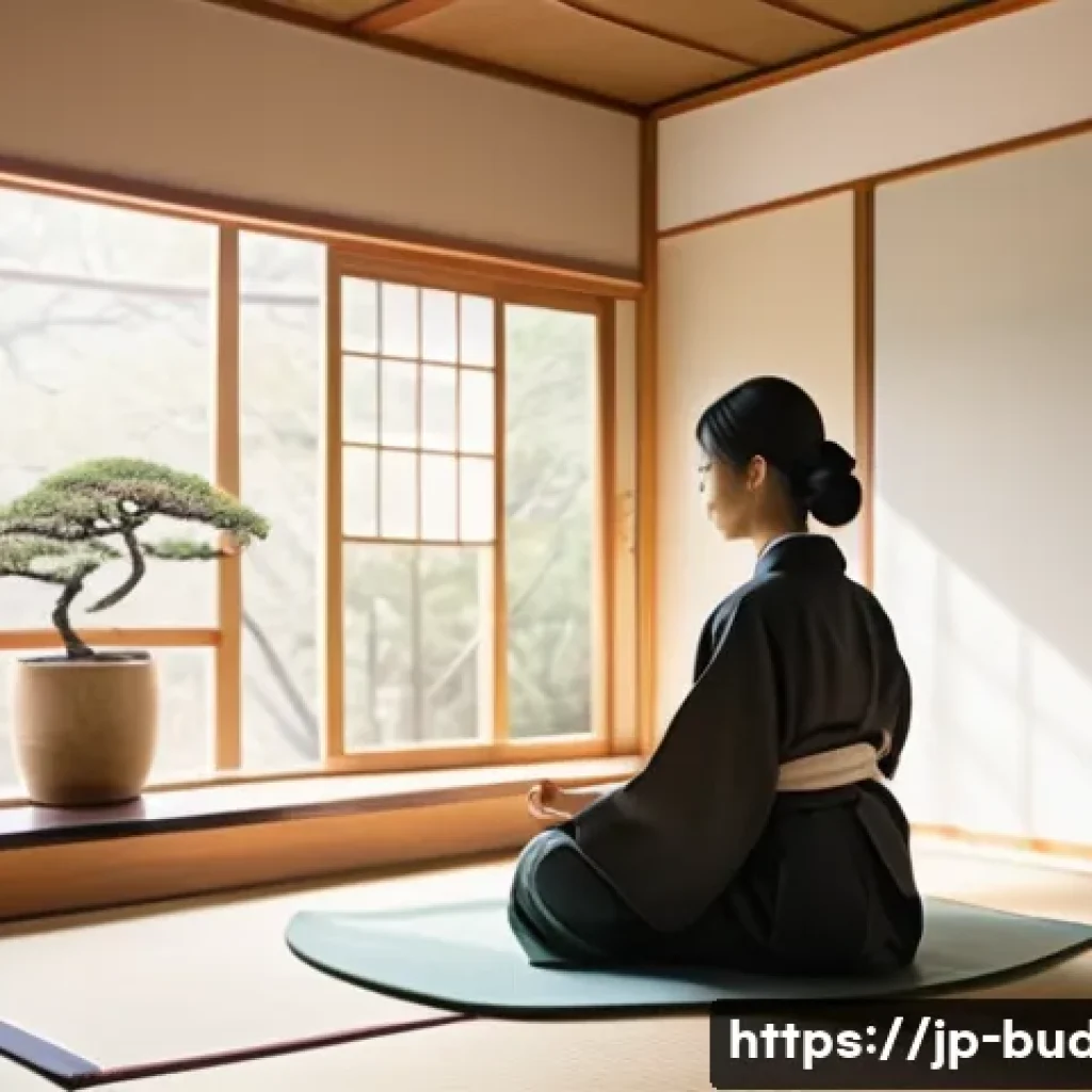 불교와 명상 치료 - A serene Japanese-style room bathed in soft natural morning light from a shoji window, featuring a y...