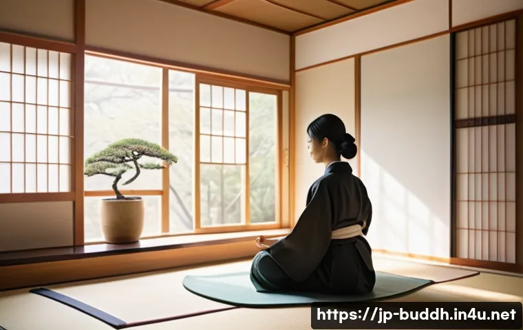 불교와 명상 치료 - A serene Japanese-style room bathed in soft natural morning light from a shoji window, featuring a y...