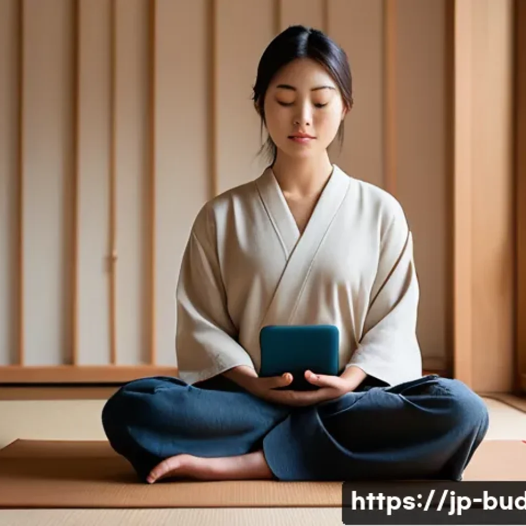 불교에서의 현대적 명상 - A serene modern meditation scene featuring a young Japanese woman practicing mindfulness meditation ...