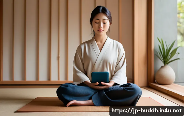 불교에서의 현대적 명상 - A serene modern meditation scene featuring a young Japanese woman practicing mindfulness meditation ...