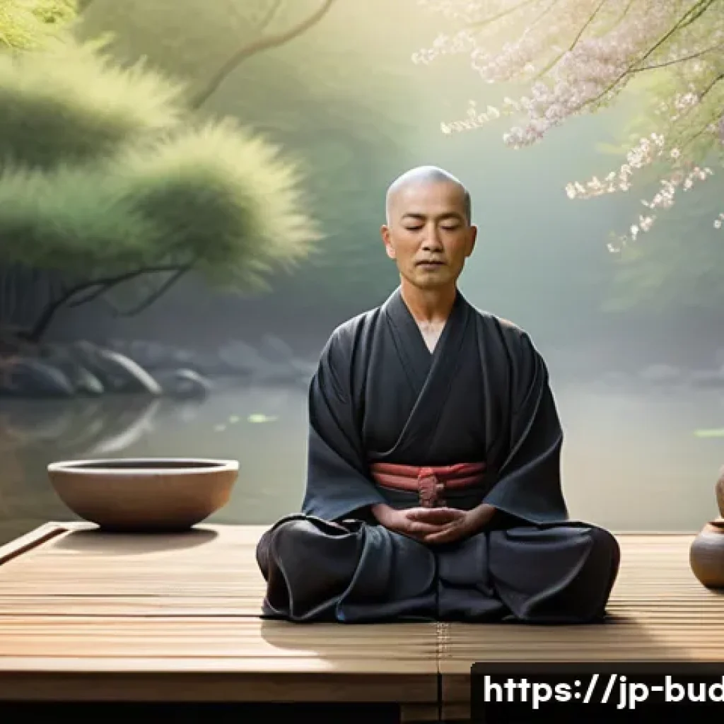 불교와 학문적 연구 - A serene Japanese Zen garden at dawn with soft morning light filtering through bamboo trees, a calm ...