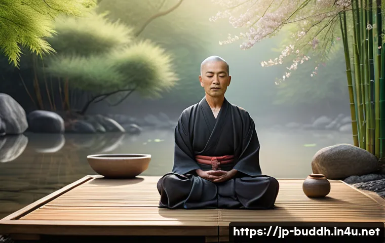 불교와 학문적 연구 - A serene Japanese Zen garden at dawn with soft morning light filtering through bamboo trees, a calm ...
