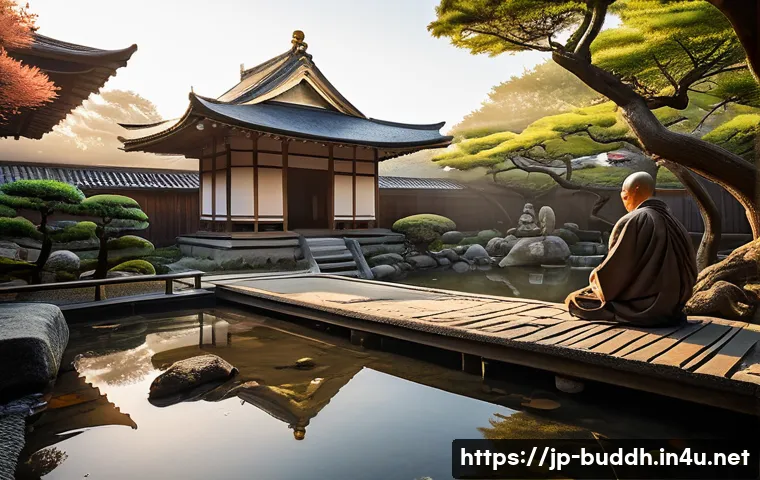 불교와 기독교 대화 - A serene Japanese Zen Buddhist temple garden at dawn, featuring a monk in traditional robes meditati...