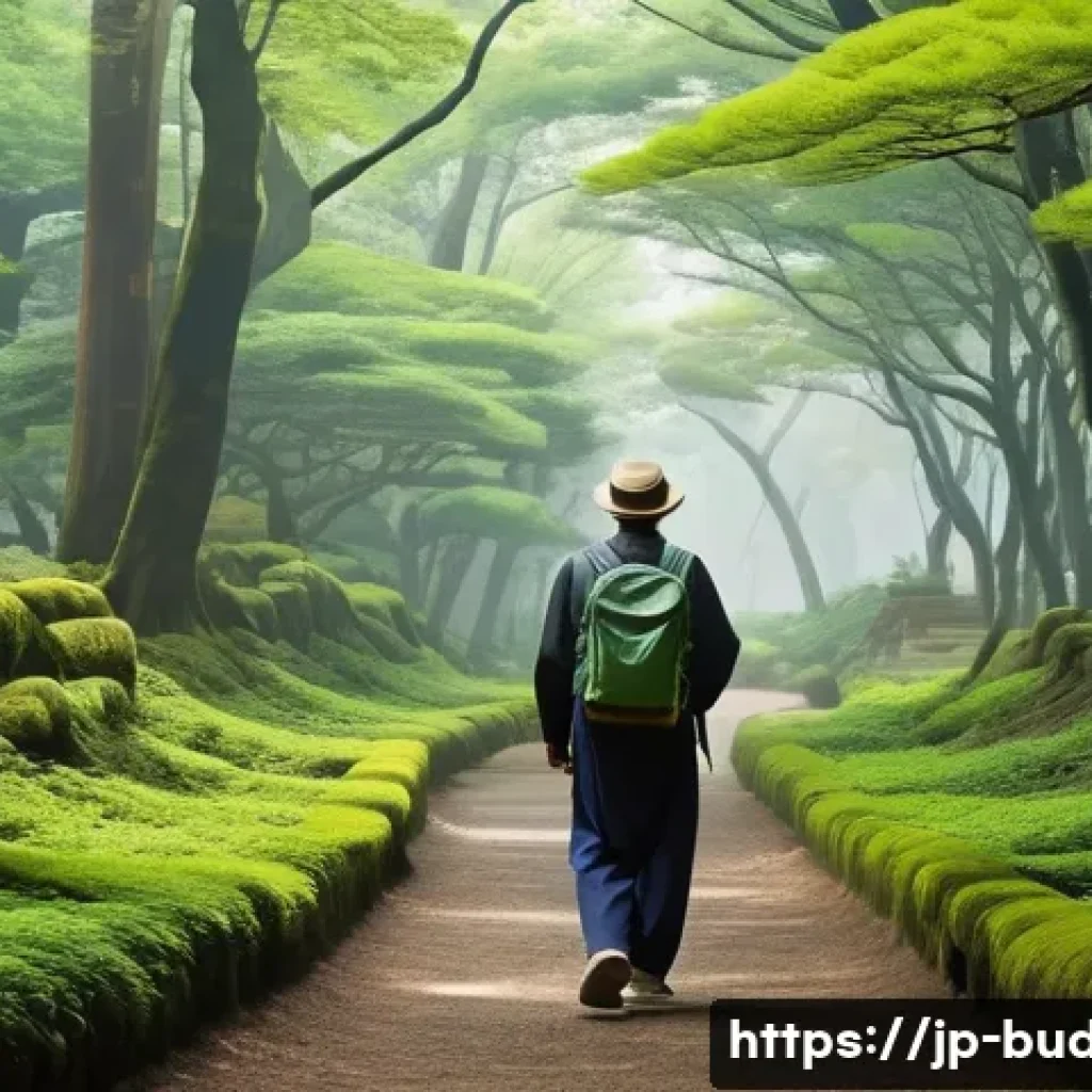 불교와 순례 - A serene Japanese pilgrimage scene featuring a lone traveler walking along a quiet forest path near ...