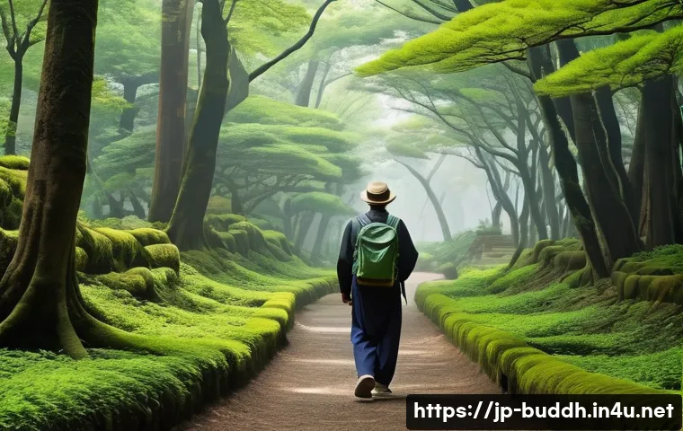 불교와 순례 - A serene Japanese pilgrimage scene featuring a lone traveler walking along a quiet forest path near ...