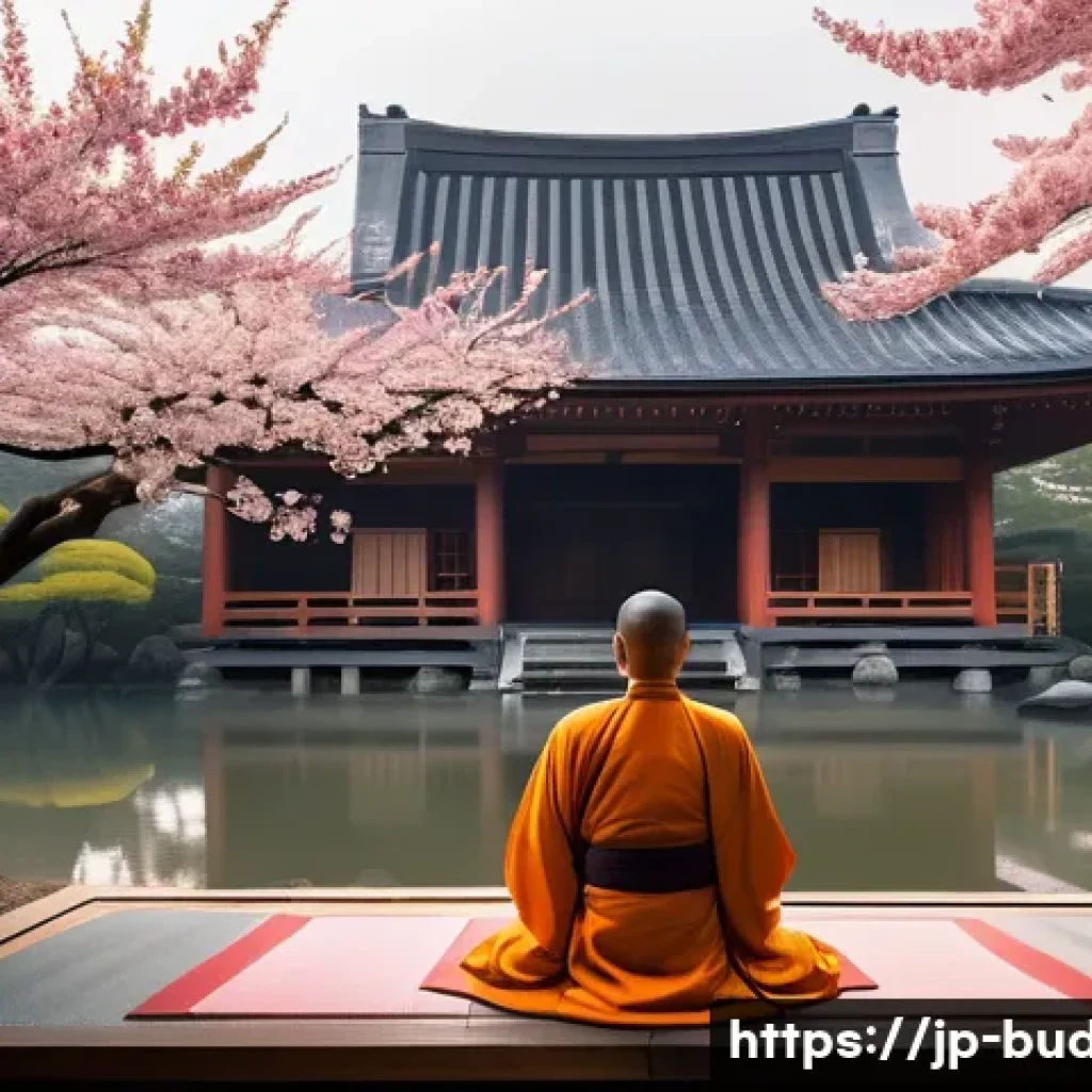 대승불교와 소승불교의 차이 - A serene Japanese temple garden at dawn, featuring traditional wooden architecture with delicate pap...
