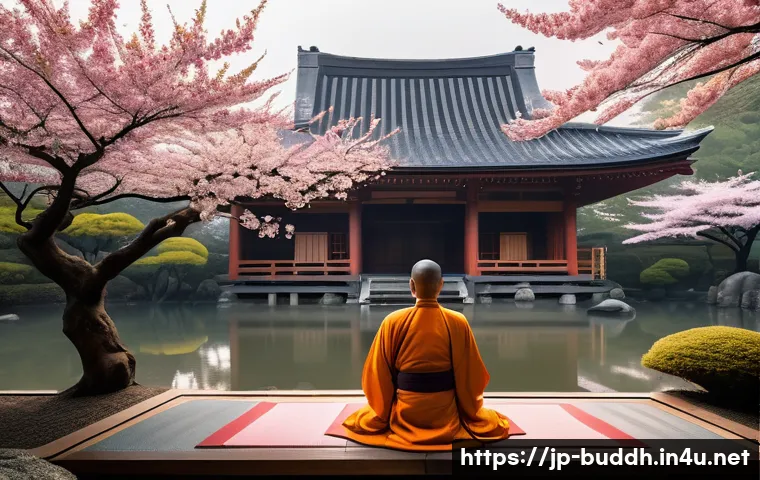대승불교와 소승불교의 차이 - A serene Japanese temple garden at dawn, featuring traditional wooden architecture with delicate pap...