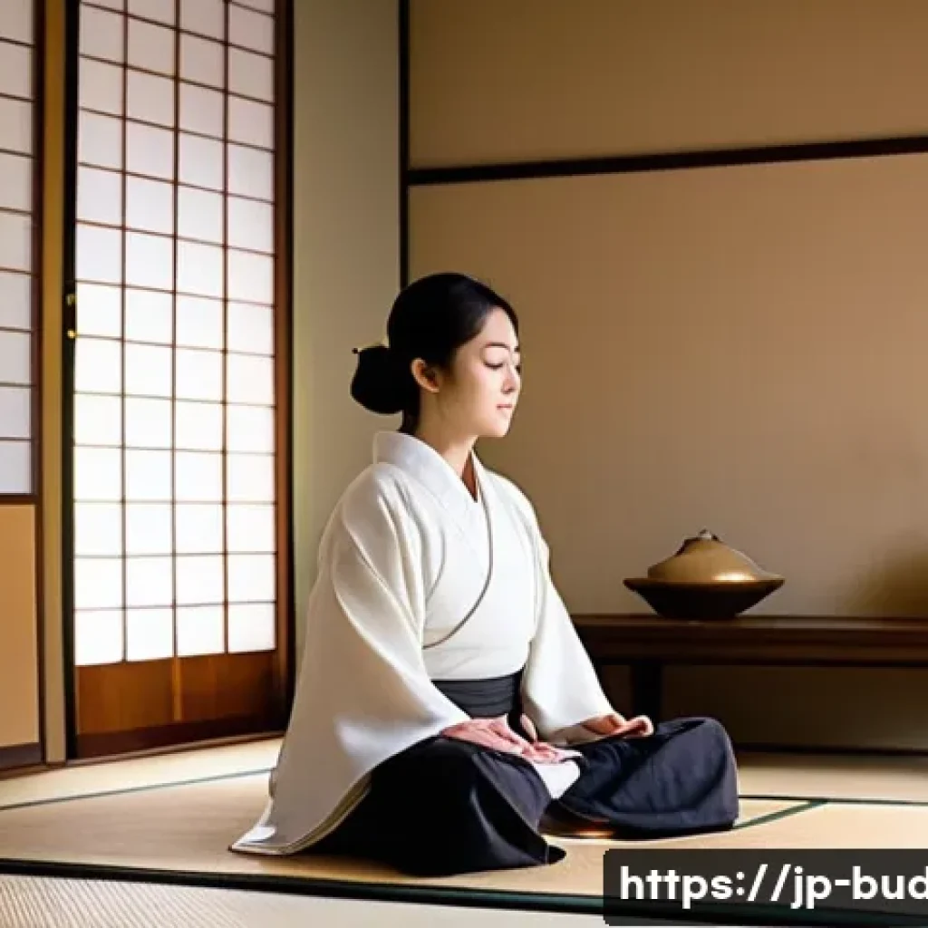 불교에서의 수양법 - A serene Japanese-style room bathed in soft morning light, with a young Japanese woman sitting comfo...