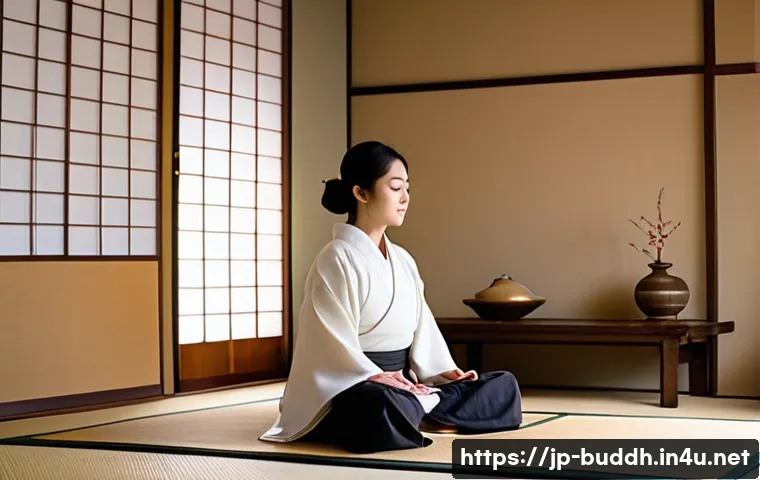 불교에서의 수양법 - A serene Japanese-style room bathed in soft morning light, with a young Japanese woman sitting comfo...