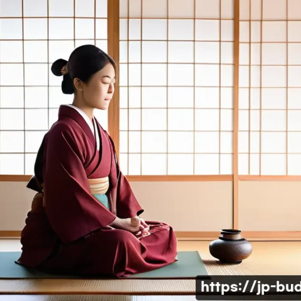 불교에서의 인간 존엄성 - A serene Japanese-style meditation room with tatami mats and shoji screens softly lit by natural mor...