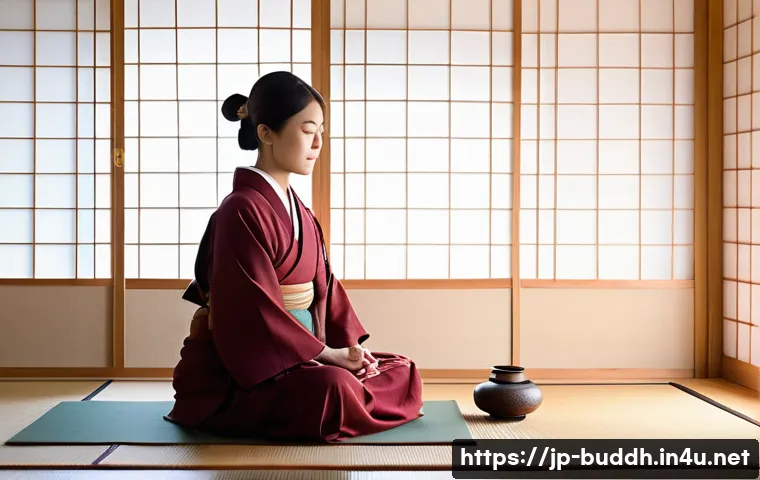 불교에서의 인간 존엄성 - A serene Japanese-style meditation room with tatami mats and shoji screens softly lit by natural mor...