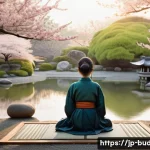 불교에서의 미래 계획 - A serene Japanese Zen garden at dawn, featuring a calm pond reflecting cherry blossoms in full bloom...