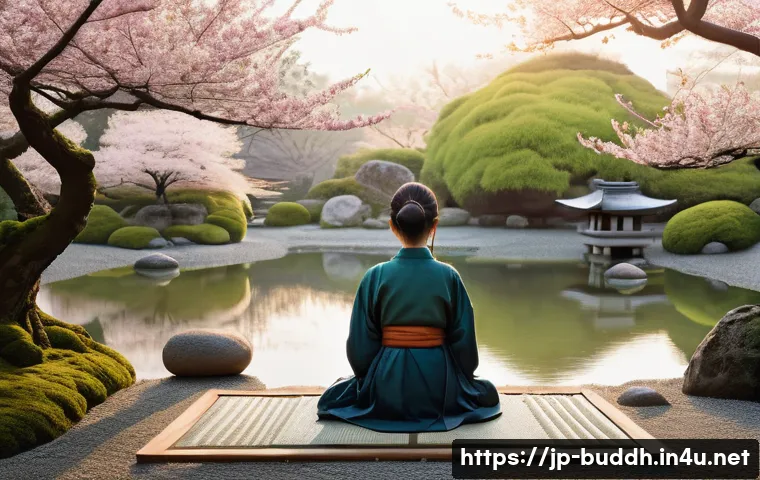 불교에서의 미래 계획 - A serene Japanese Zen garden at dawn, featuring a calm pond reflecting cherry blossoms in full bloom...