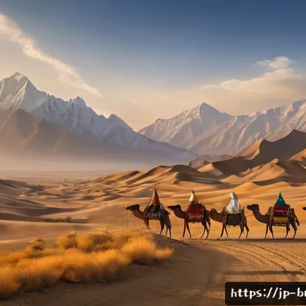 불교 전파 경로 - An expansive Silk Road caravan scene at sunset, featuring diverse traders from Persia, India, Tibet,...