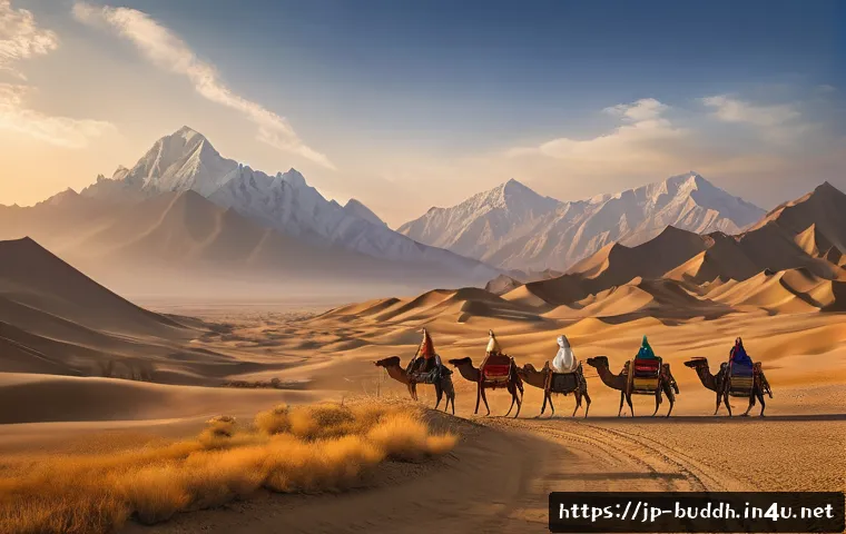 불교 전파 경로 - An expansive Silk Road caravan scene at sunset, featuring diverse traders from Persia, India, Tibet,...
