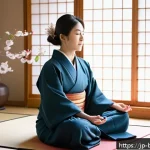 불교에서의 업보 - A serene modern Japanese woman sitting cross-legged in a minimalist tatami room, softly meditating w...