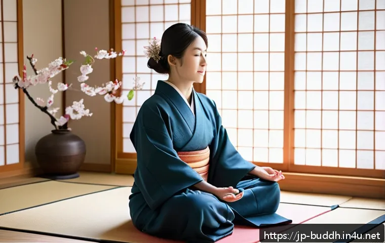 불교에서의 업보 - A serene modern Japanese woman sitting cross-legged in a minimalist tatami room, softly meditating w...