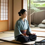 불교와 생태주의 - A serene Japanese-style room bathed in soft natural light, featuring natural materials like wooden f...