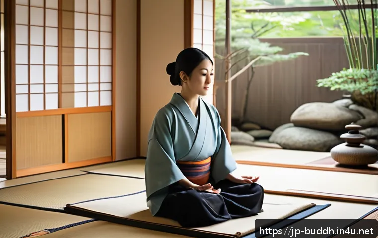 불교와 생태주의 - A serene Japanese-style room bathed in soft natural light, featuring natural materials like wooden f...