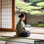 불교에서의 해탈 - A serene Japanese-style room bathed in soft morning light, featuring a young Japanese woman sitting ...