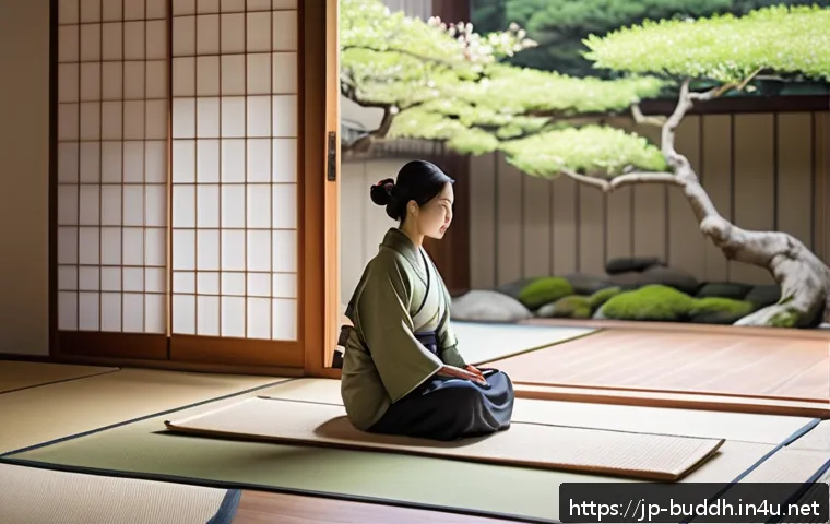 불교에서의 해탈 - A serene Japanese-style room bathed in soft morning light, featuring a young Japanese woman sitting ...