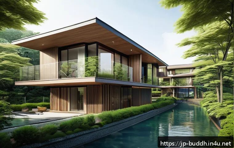 불교의 공공 프로젝트 - A futuristic urban residential area harmoniously integrated with nature, featuring modern eco-friend...
