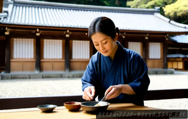 불교에서의 희생과 헌신 - Photorealistic Buddhist temple volunteer quietly preparing warm meals for elderly community members,...