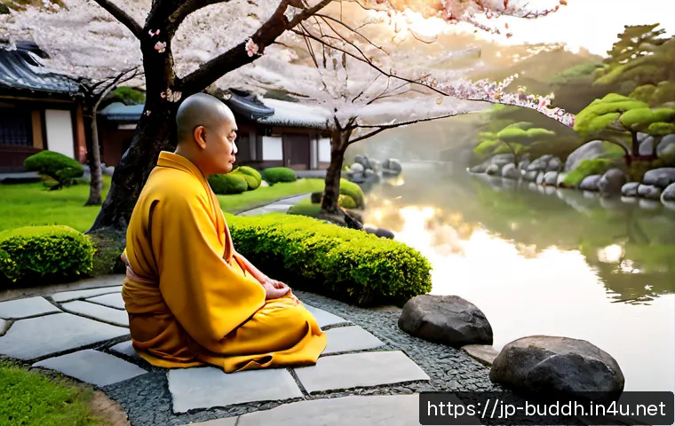 석가모니의 가르침 - Photorealistic serene Buddhist temple garden in Japan at early morning, a gentle monk in simple saff...